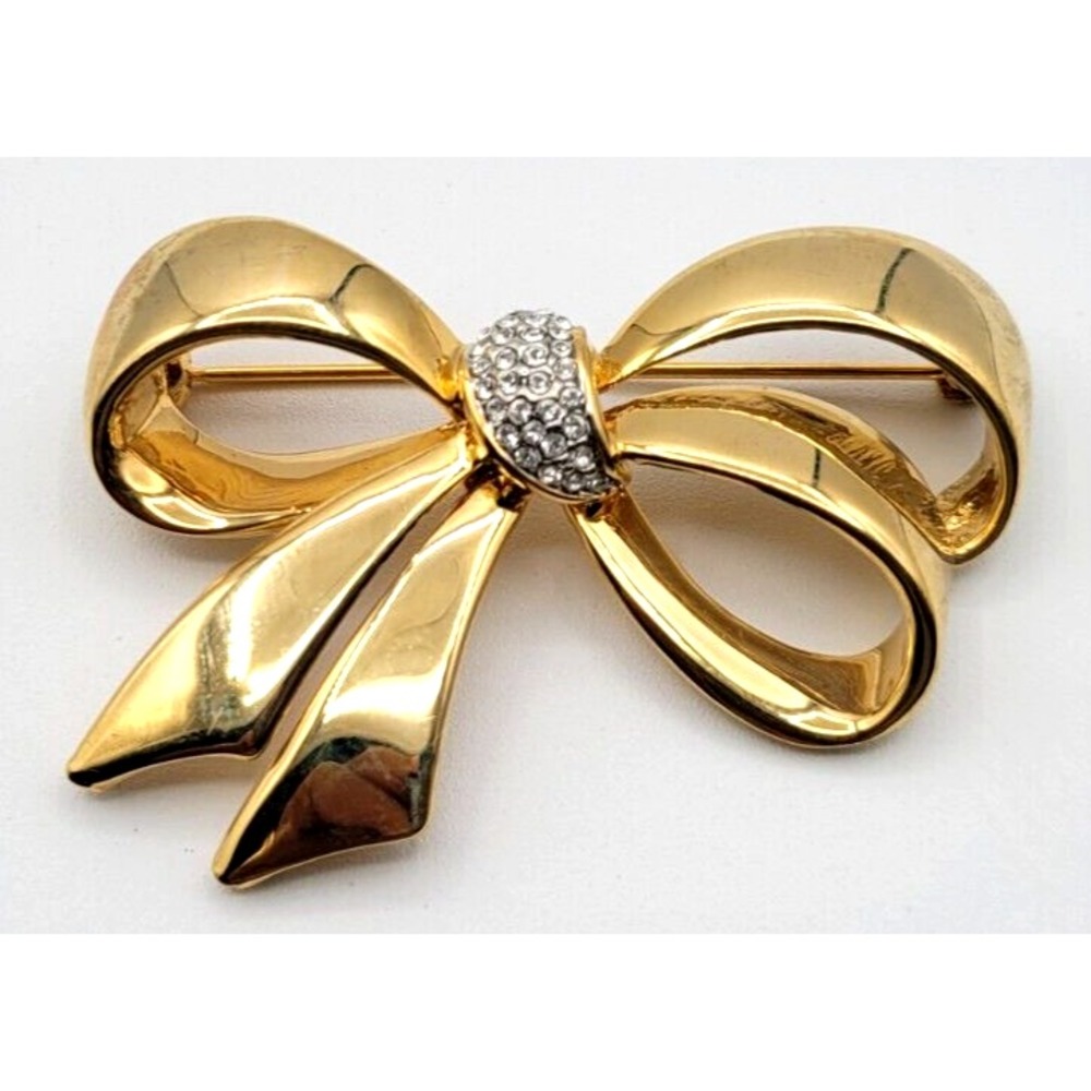 JOAN RIVERS CLEAR CRYSTAL GOLD TONE BOW BROOCH‎ PIN SIGNED